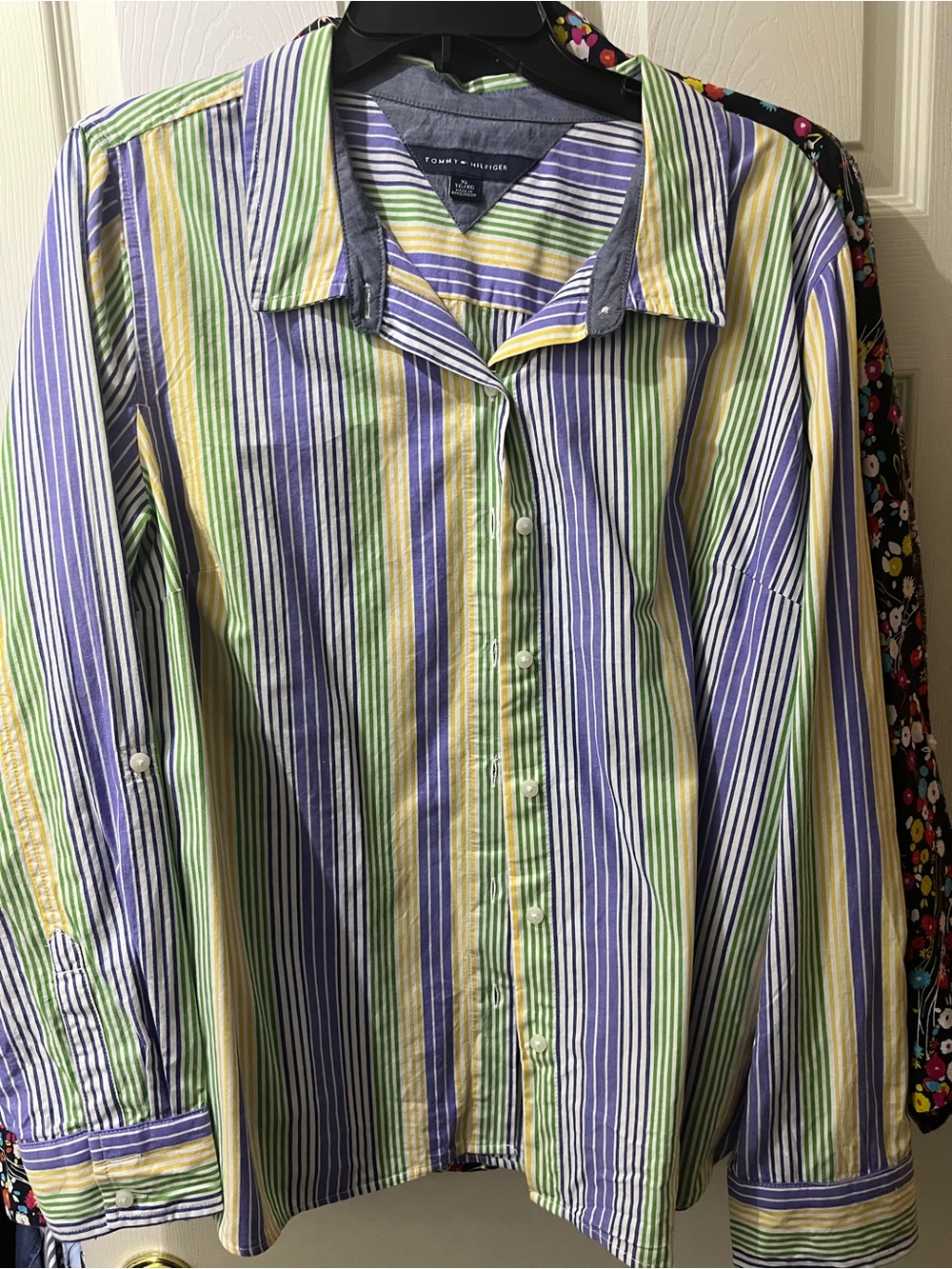 Tommy Hilfiger Women’s Vertical Stripe Button-Down Shirt - Green/Blue/Yellow